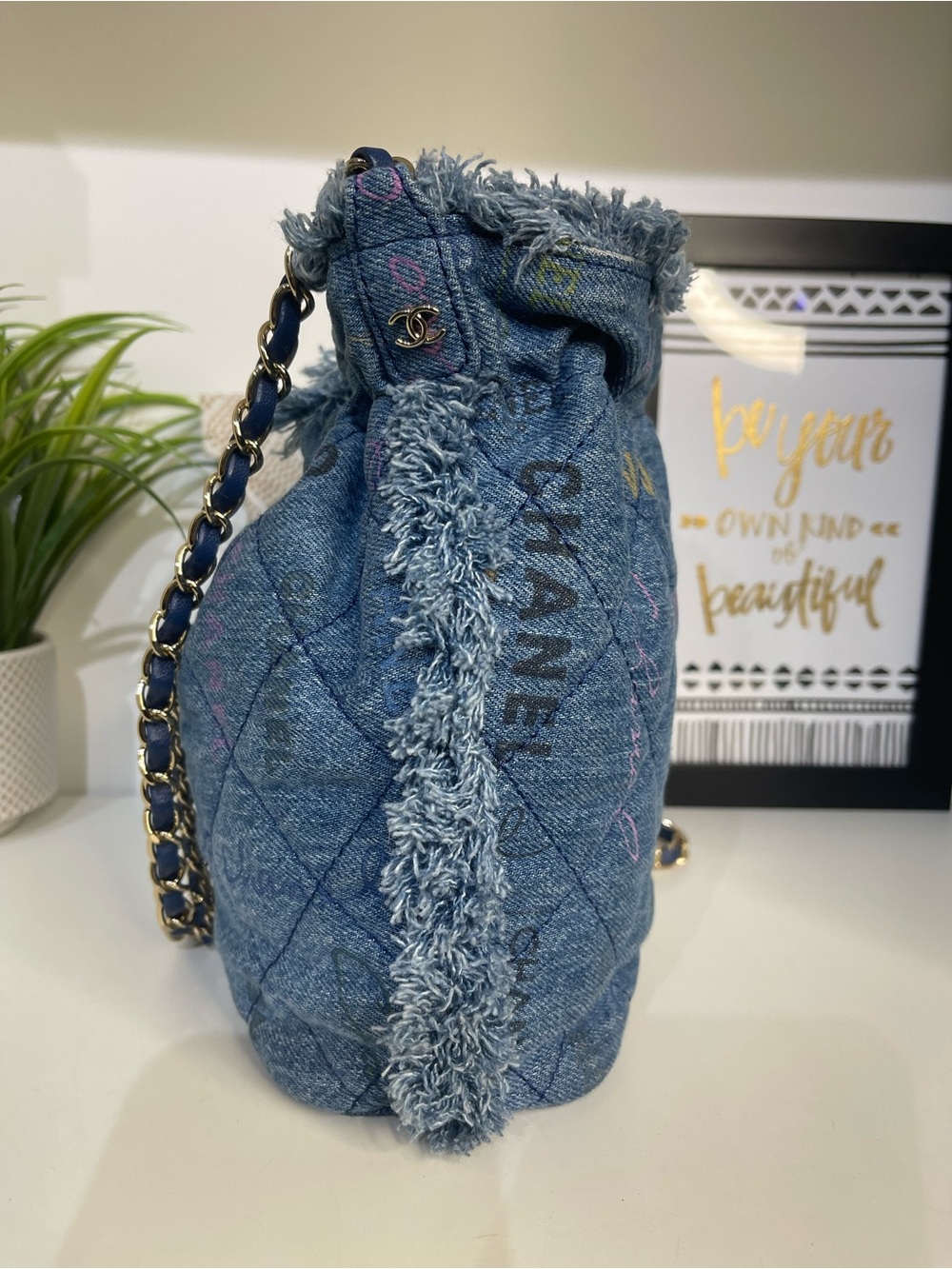 CHANEL Quilted Denim Drawstring Bucket Bag - Blue with Multicolor Accents - Picture 3 of 6